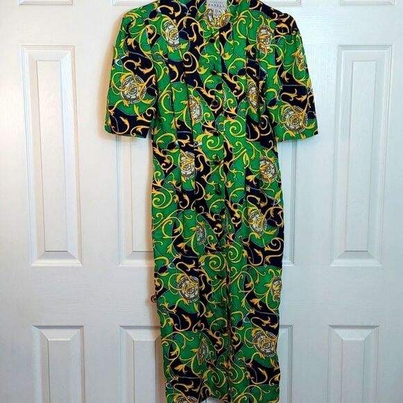 Vintage Adrianna Papell Silk Green Abstract Print Midi Dress Sz 4 - Picture 1 of 6